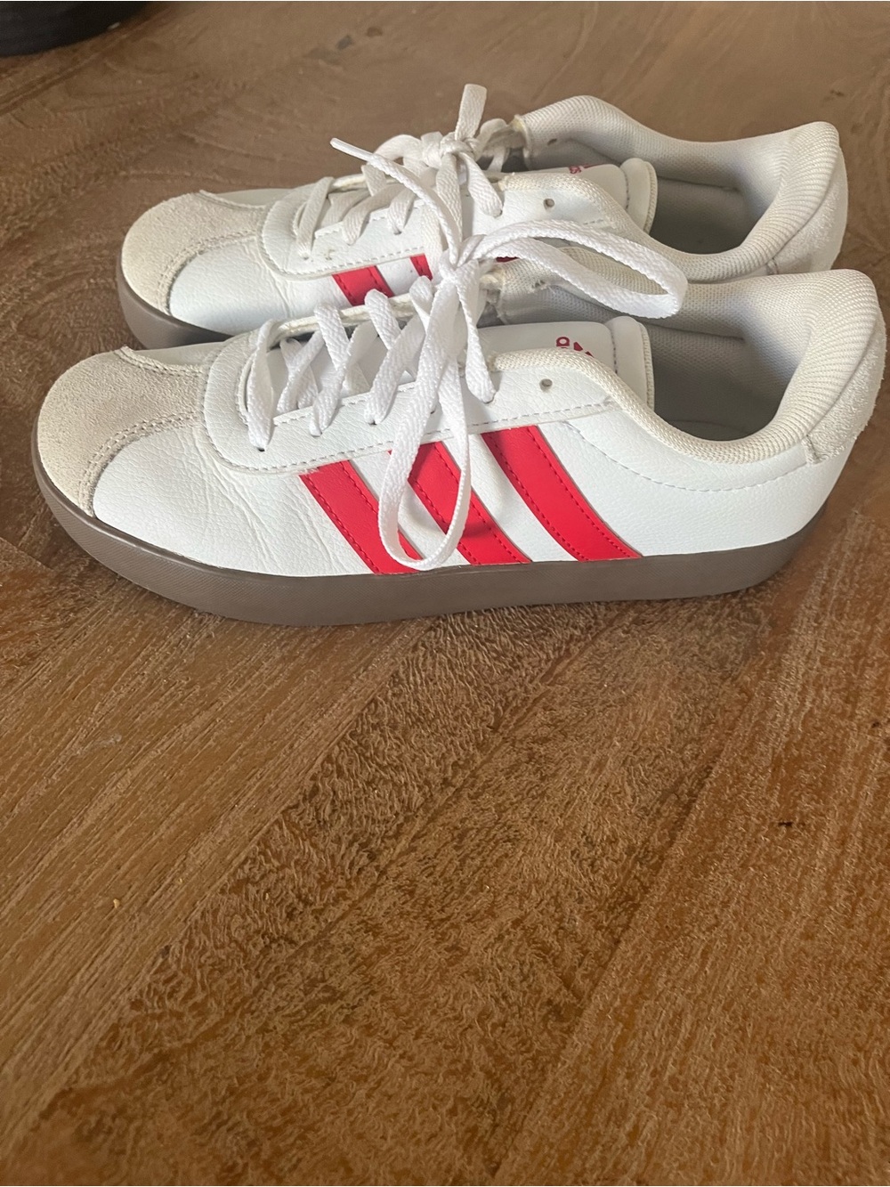 White Sneakers with Red Stripes and brown Sole